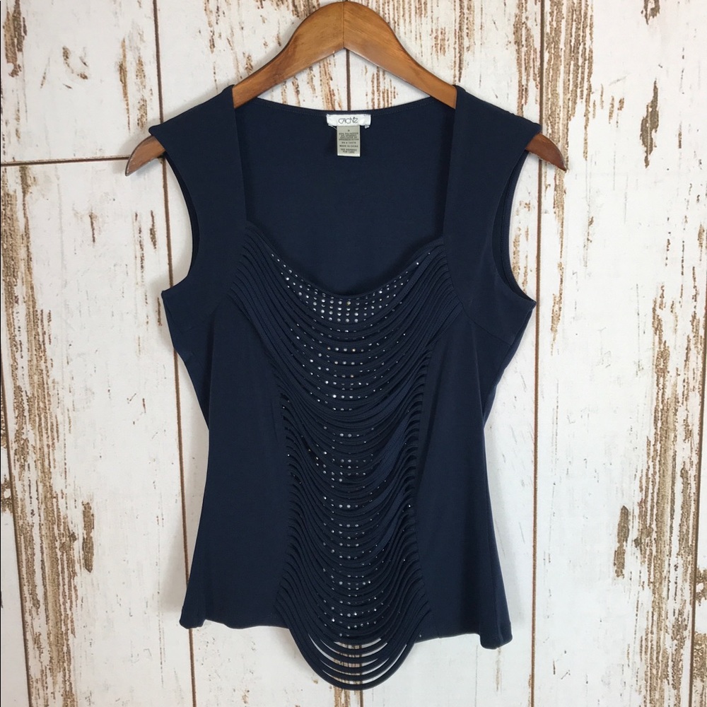 Caché Navy Rhinestone Ruched Slit Sleeveless Top M
